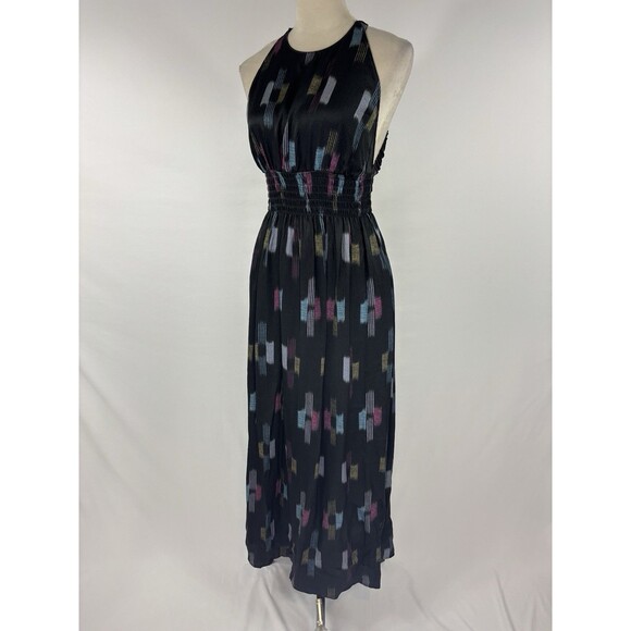 Xirena Tavia Silk Maxi Dress Black Ikat Print Small Halter Neck Pockets Backless - Picture 1 of 11